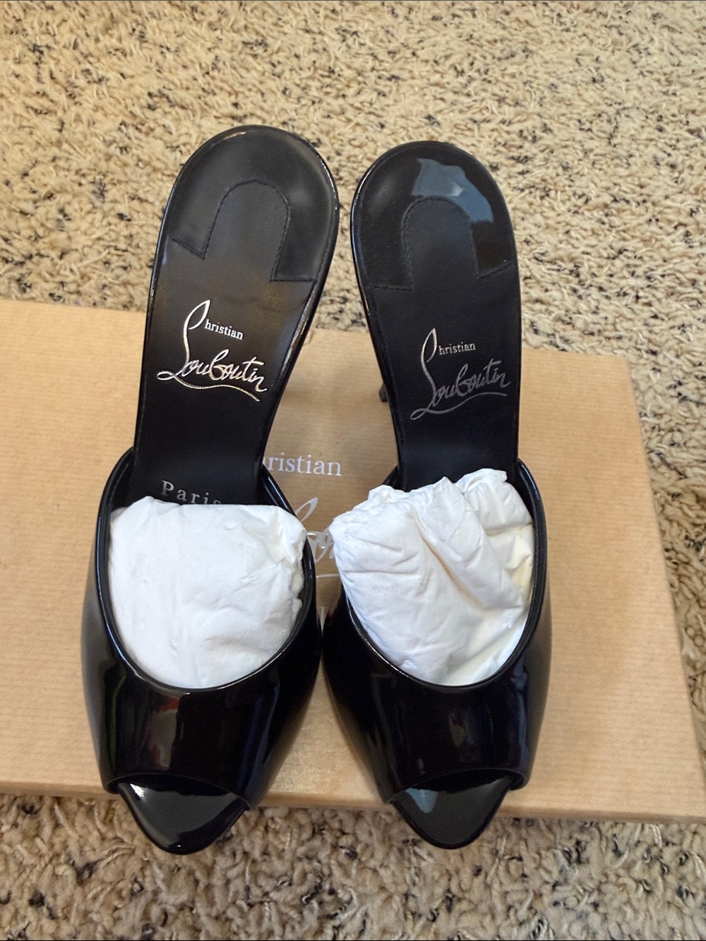 Christian Louboutin Me Dolly Black Patent Peep-Toe Slide Mules
